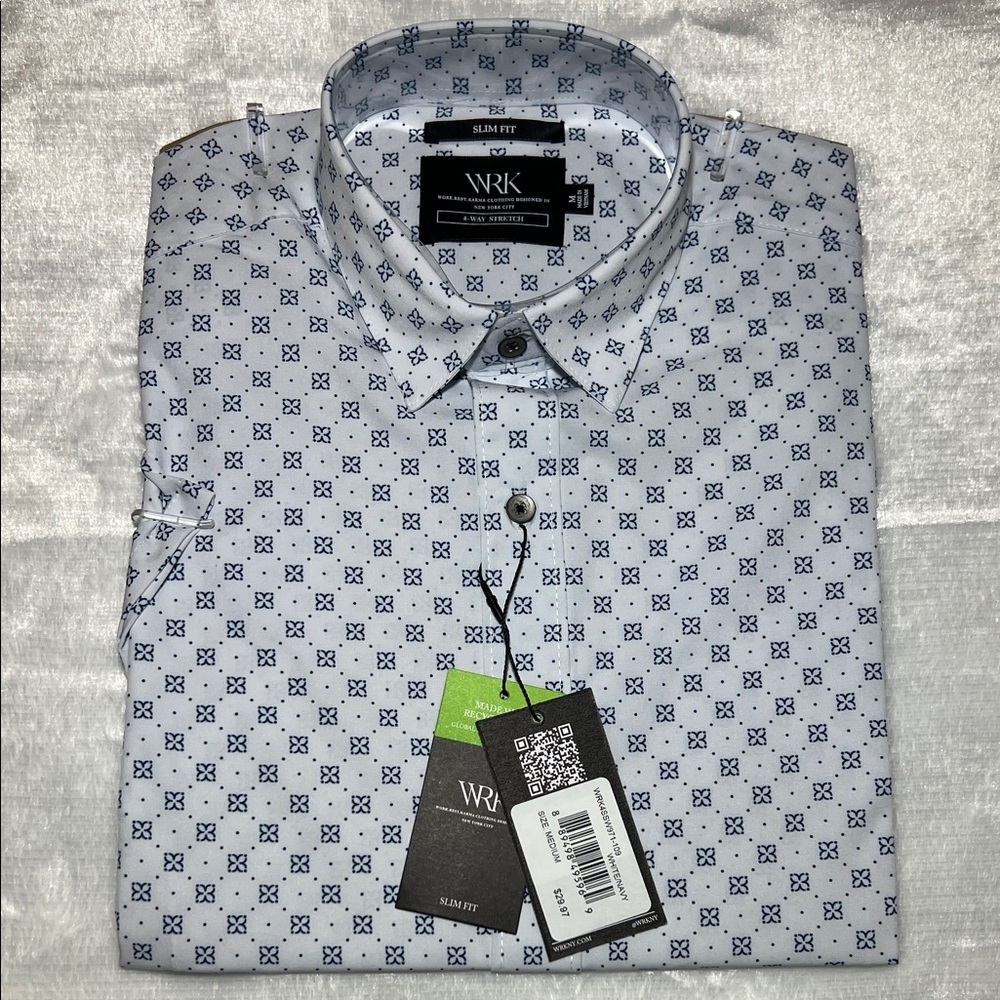 WRK Slim Fit White and Blue Geometric Dress Shirt